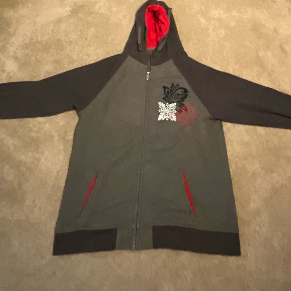 Gray and Black Women's Hoodie with Red Accents